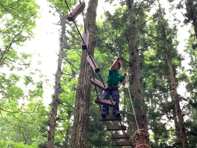 A participant wearing a harness and crossing wooden steps at a high ropes course in the forest