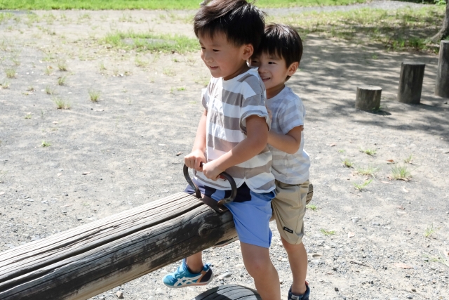 Two boys playing on the wooden seesaw at Kazakoshi Children's Forest Park